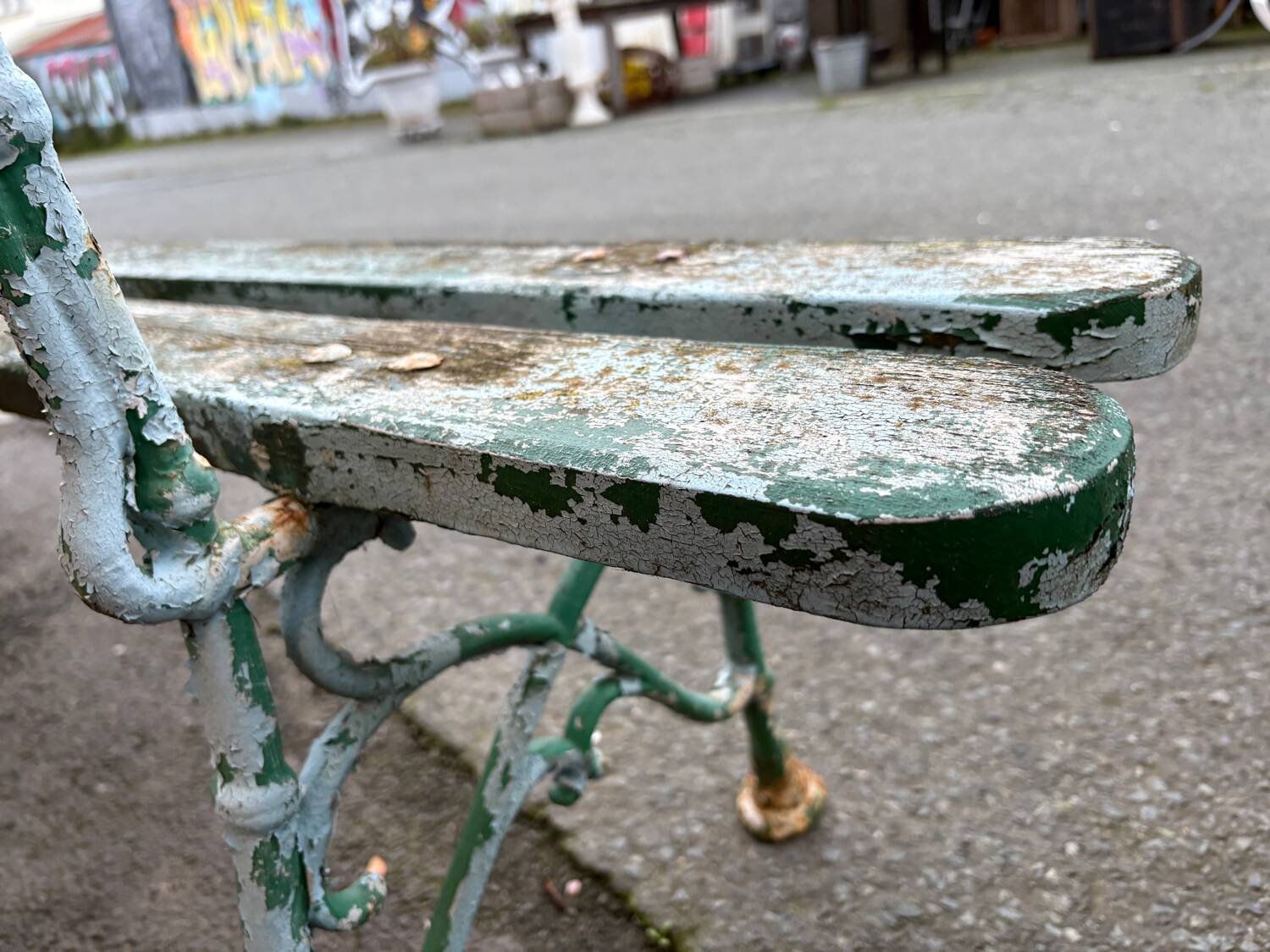 Old wooden and cast iron garden bench 2 m long – original patina