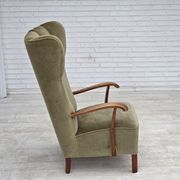 1960s, Danish highback armchair, furniture velour, oak wood.