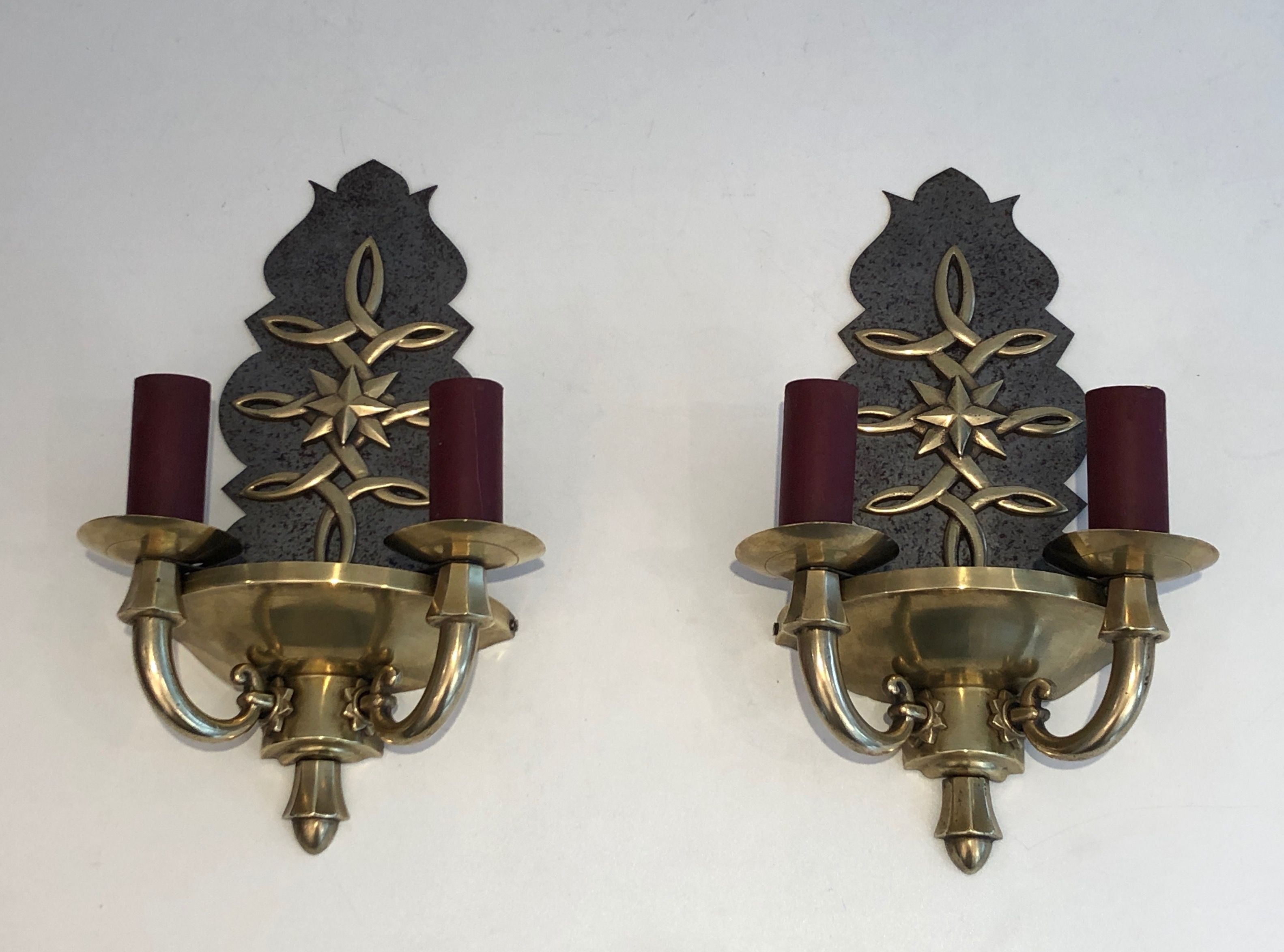 Pair of Art Deco wall sconces in the style of Jules Leleu.