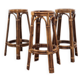 Ensemble de trois tabourets bar en rotin des années 1970