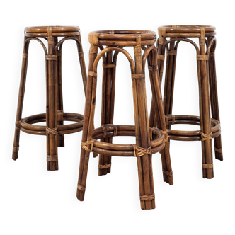 Ensemble de trois tabourets bar en rotin des années 1970