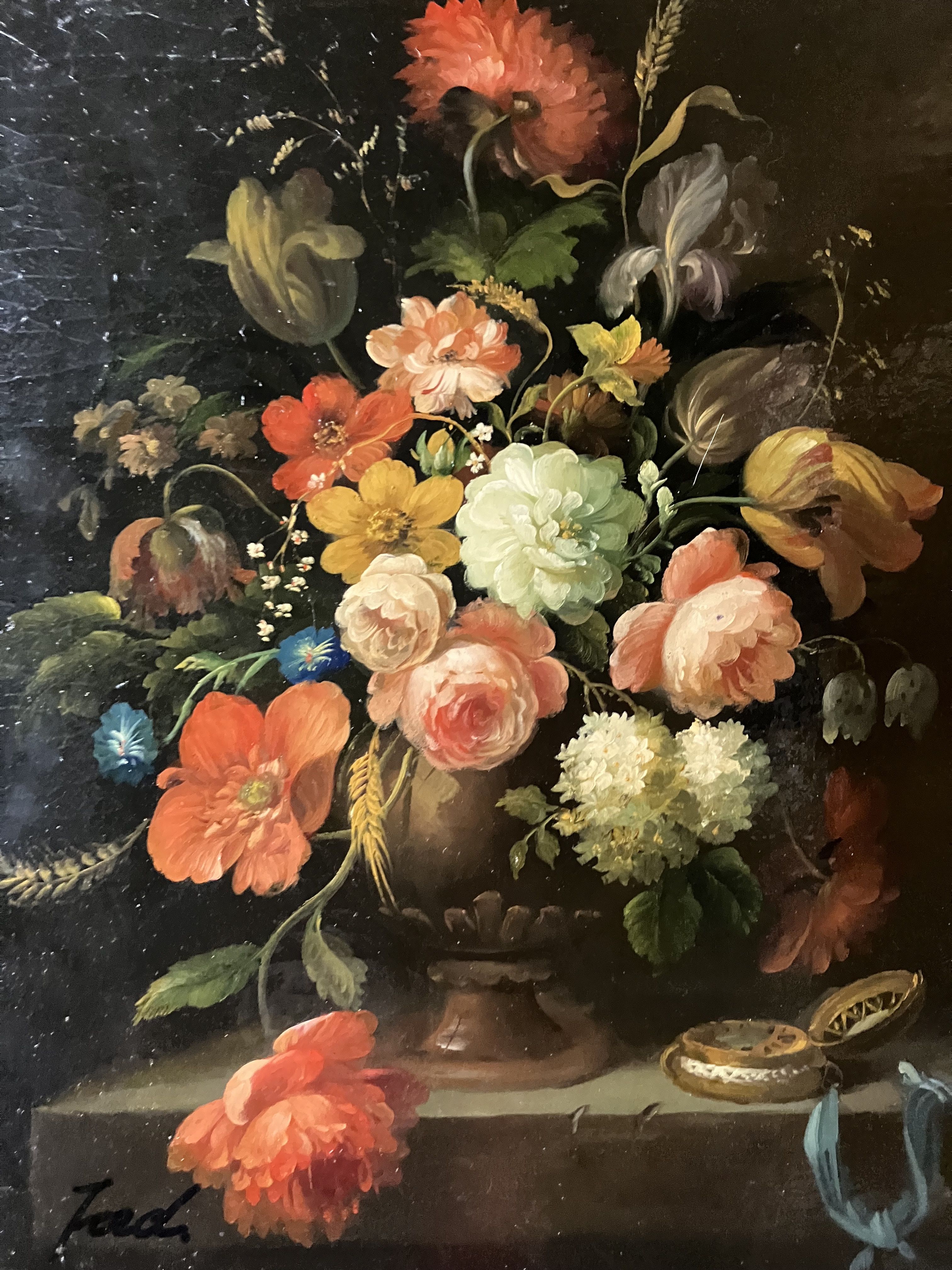 Oil on canvas still life with flower bouquet signed Jord