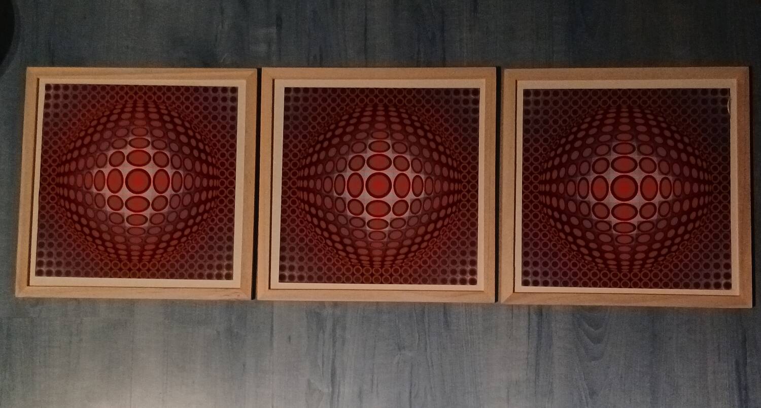 Vintage Optical Art Triptych - Vasarely - Frame 30x30cm