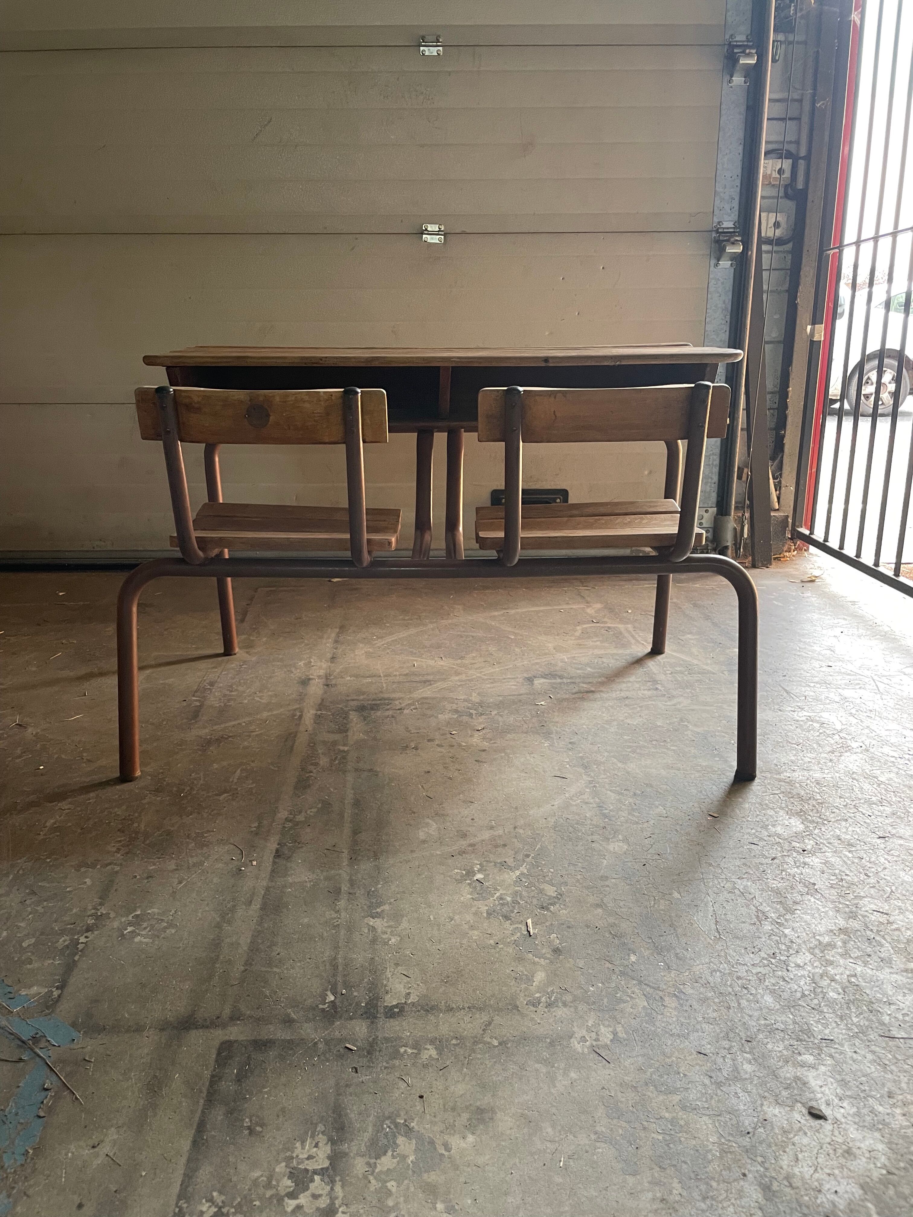 Double wooden desk and brown metal legs