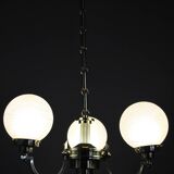 1930s Art Deco brass chandelier with textured glass globes, Czechoslovakia