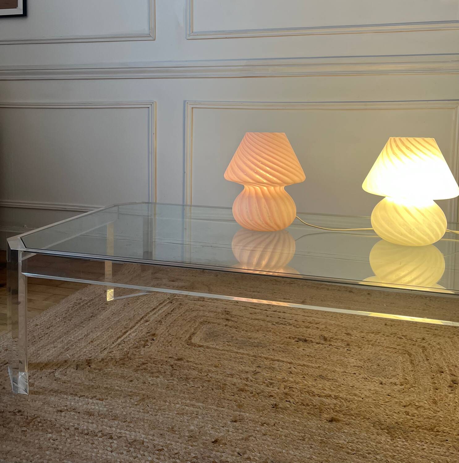 Table basse Athena en altuglas et verre David Lange, années 1970