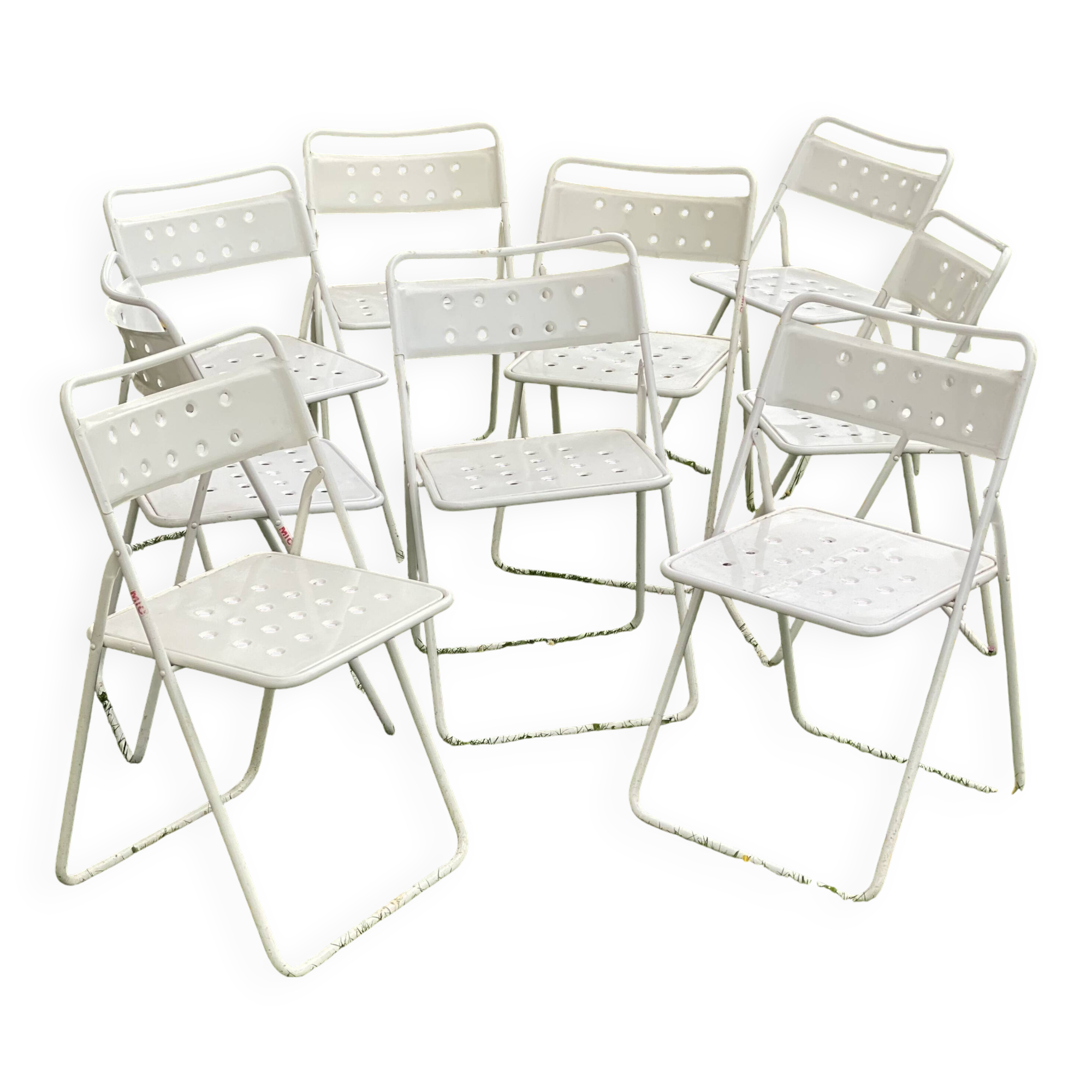 Set of 9 vintage perforated metal folding chairs 1970-80