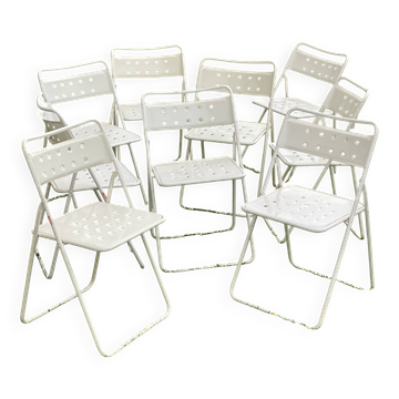 Ensemble de 9 chaises pliantes métal perforé vintage 1970-80