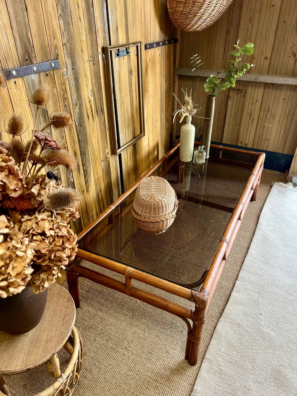 Large bamboo and smoked glass coffee table