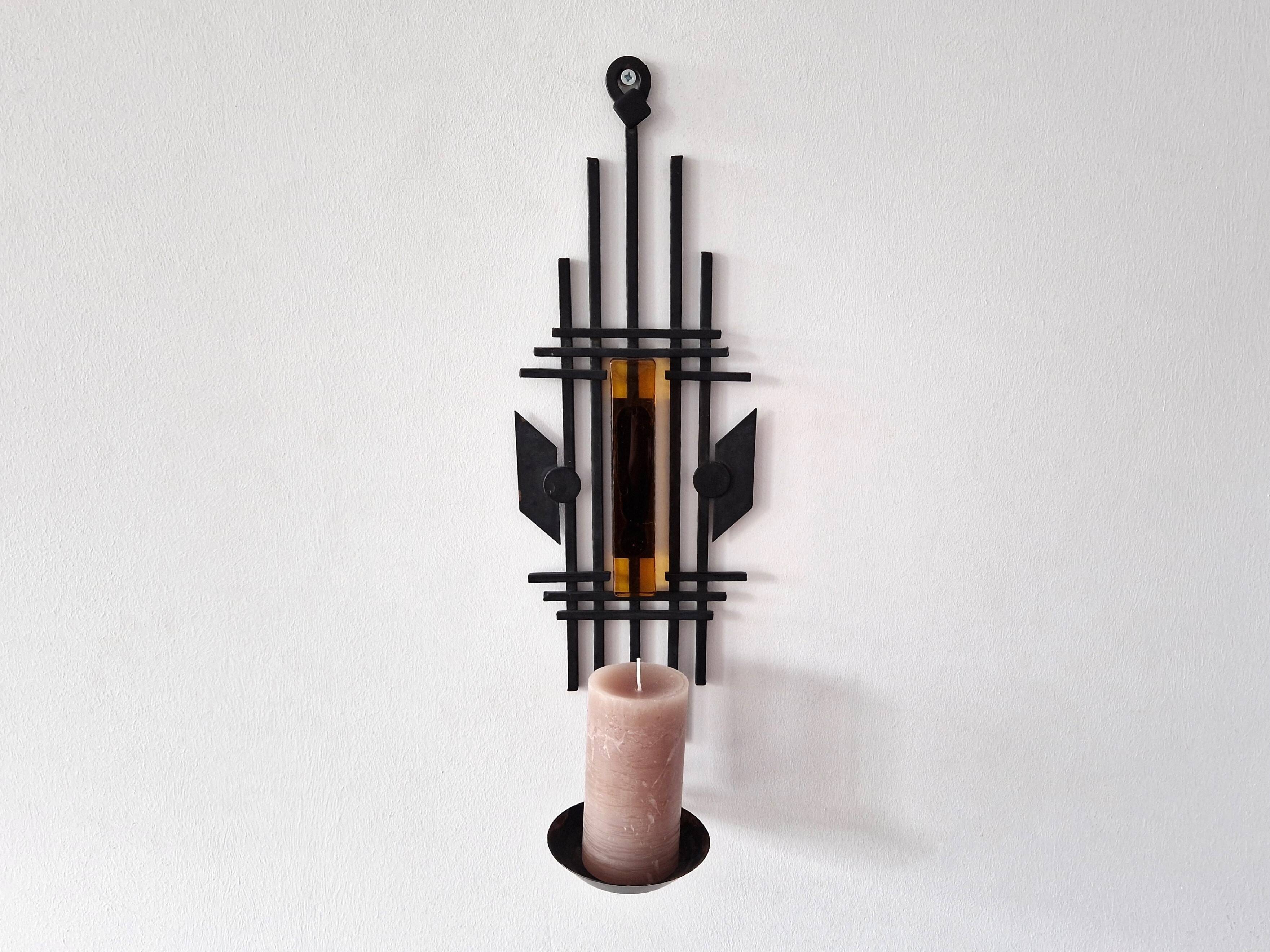 Sculptural Iron and orange glass wall candle holder for Dantoft, Denmark 1960's/1970's