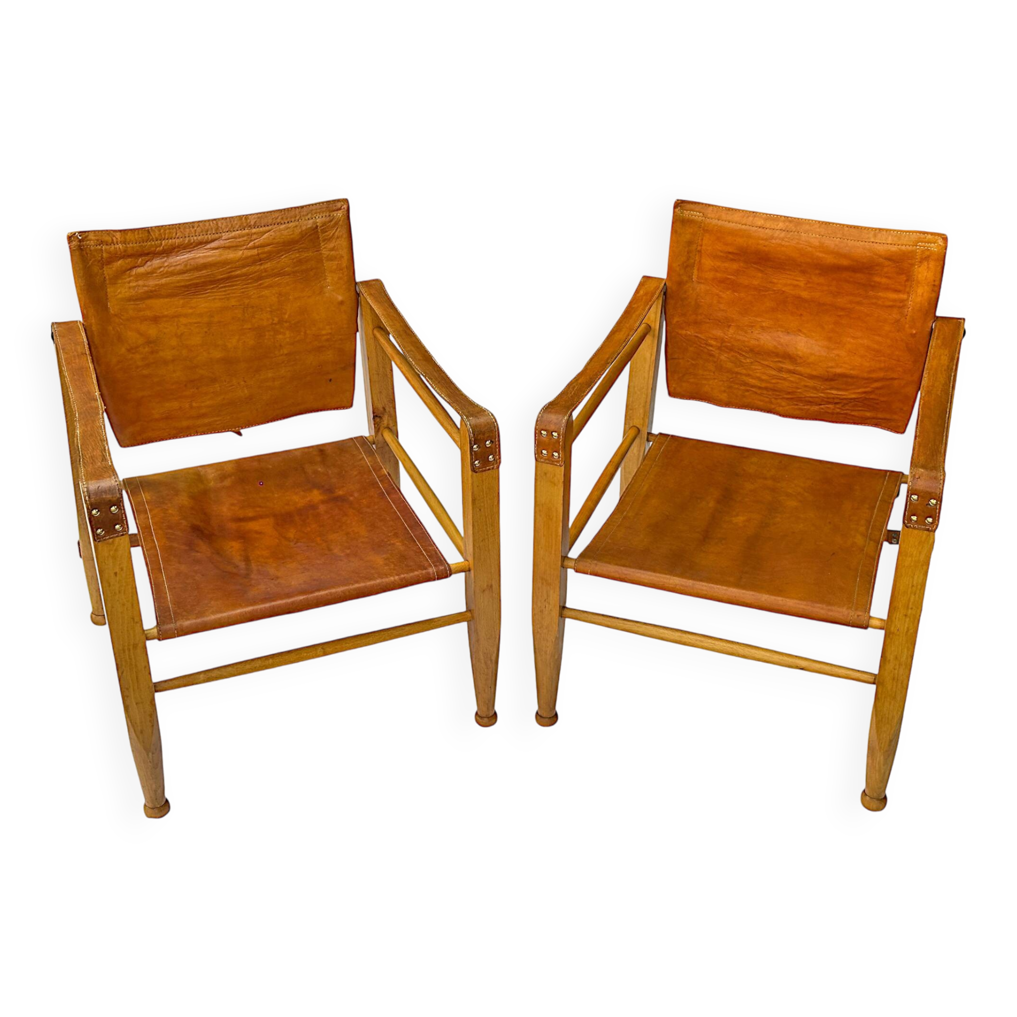 A pair of Danish beechwood and leather Safari armchairs - 1960