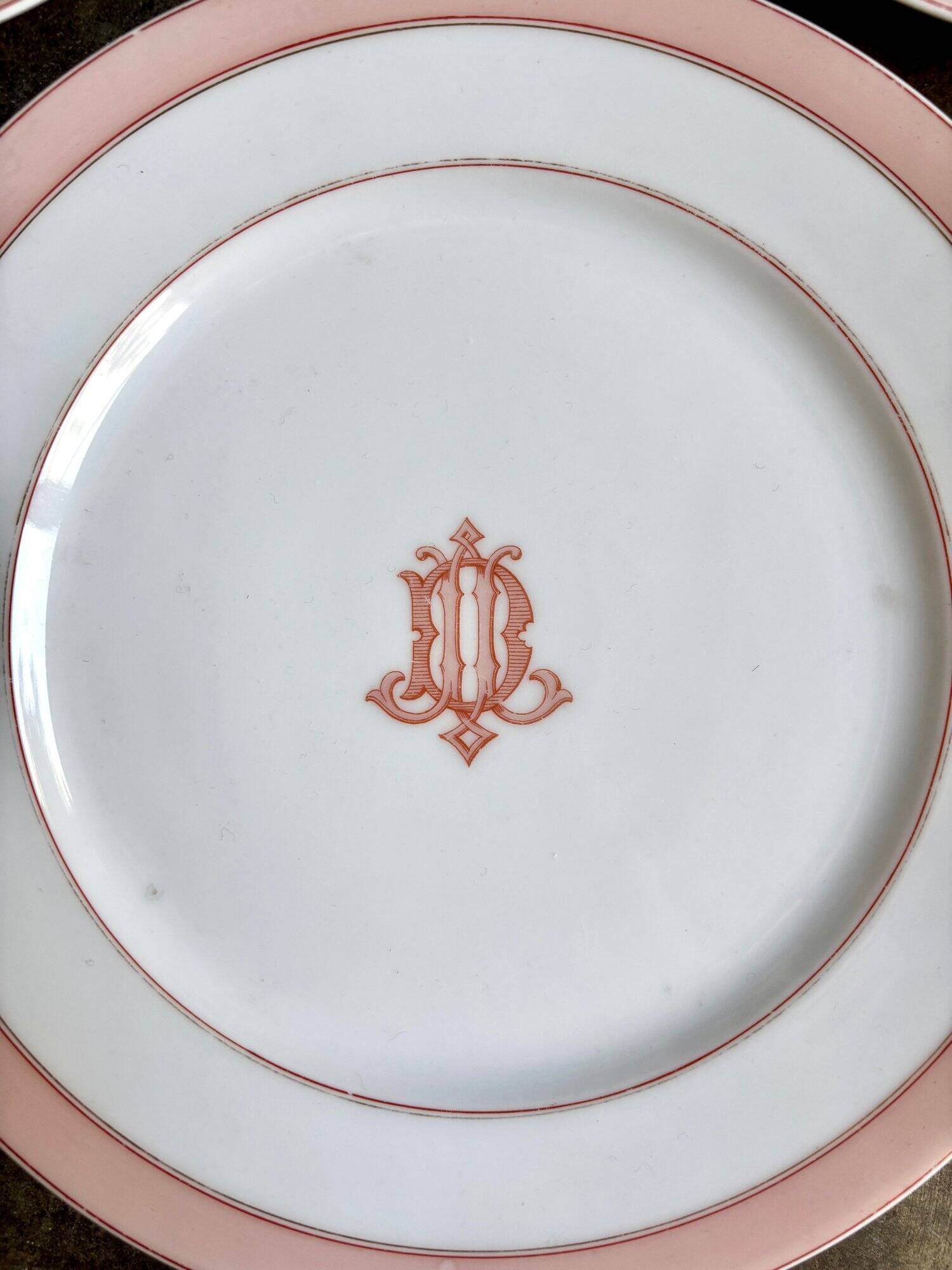 4 monogrammed pink porcelain dessert plates