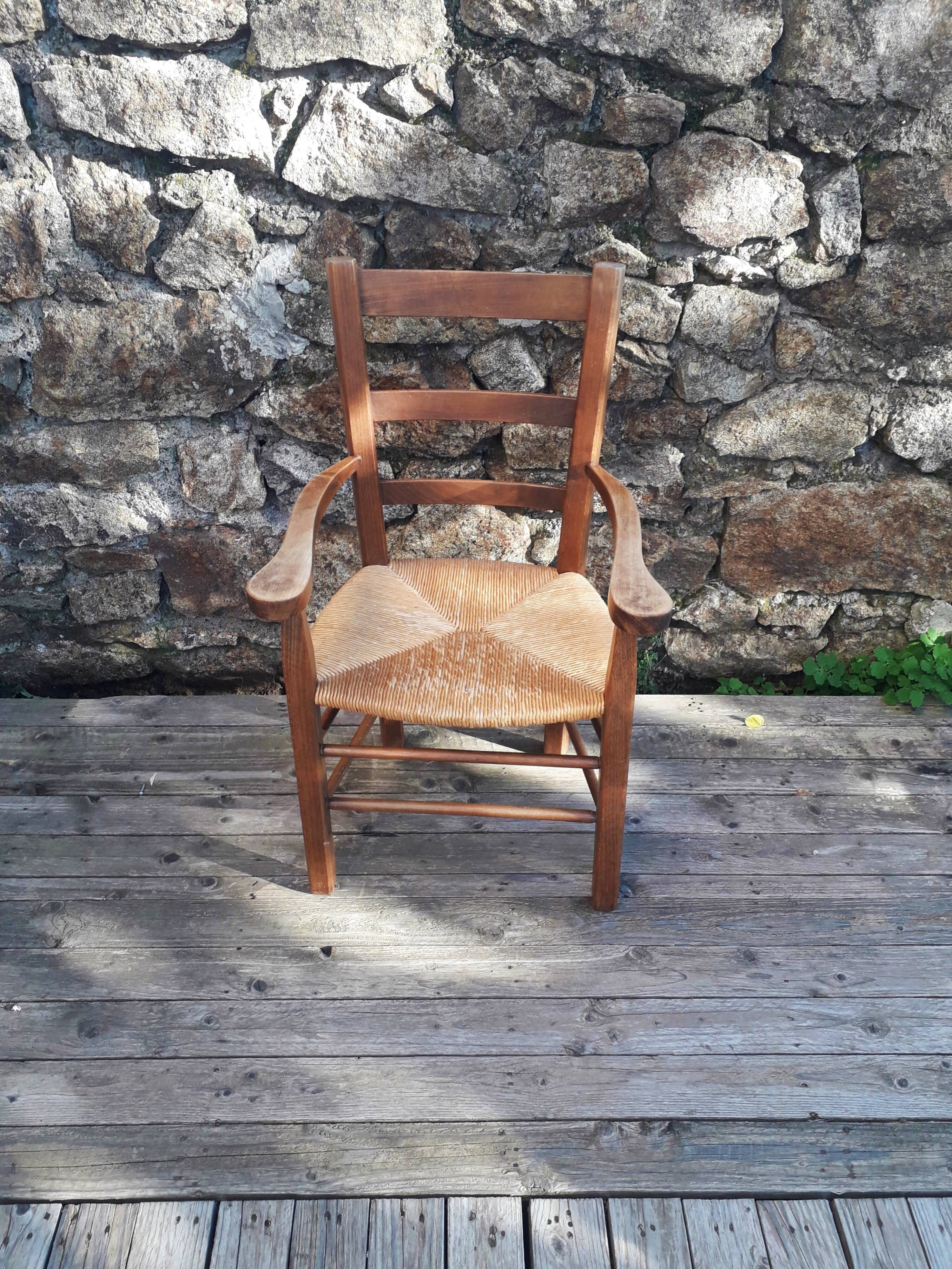 Chair with armrests / wooden armchair and straw seat - 1960s