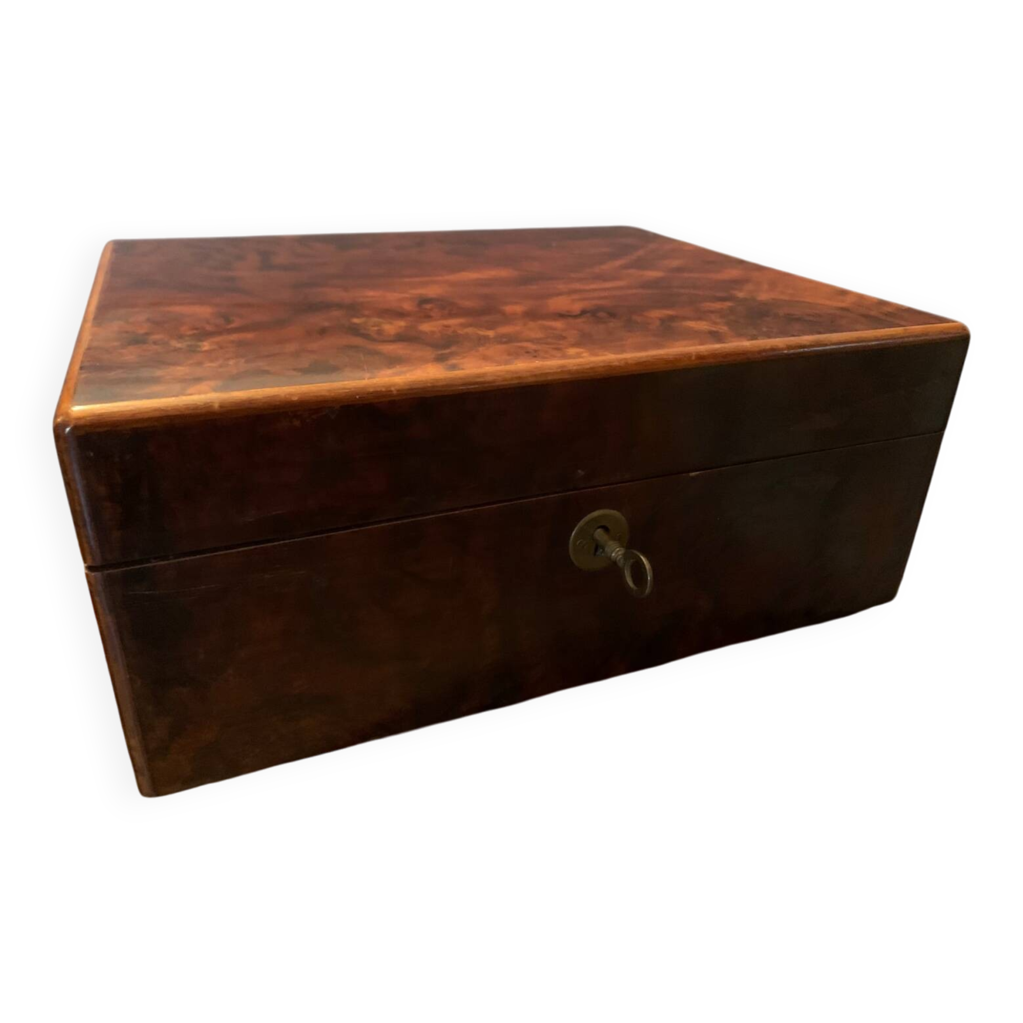 Magnificent liqueur cabinet made of burl wood, with a key and compartments - vintage.