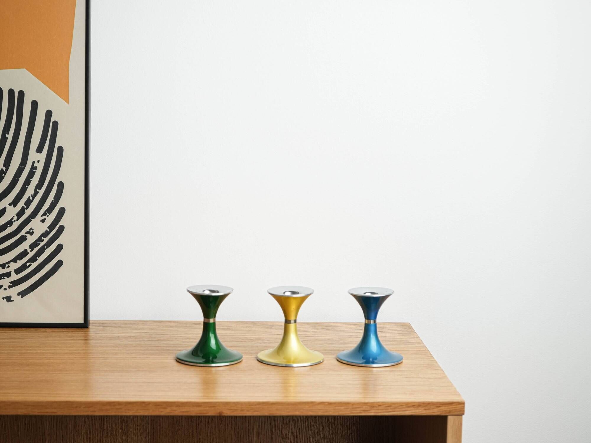 Candlestick set by Bjørn Engø, lacquered metal Space Age design, Norway