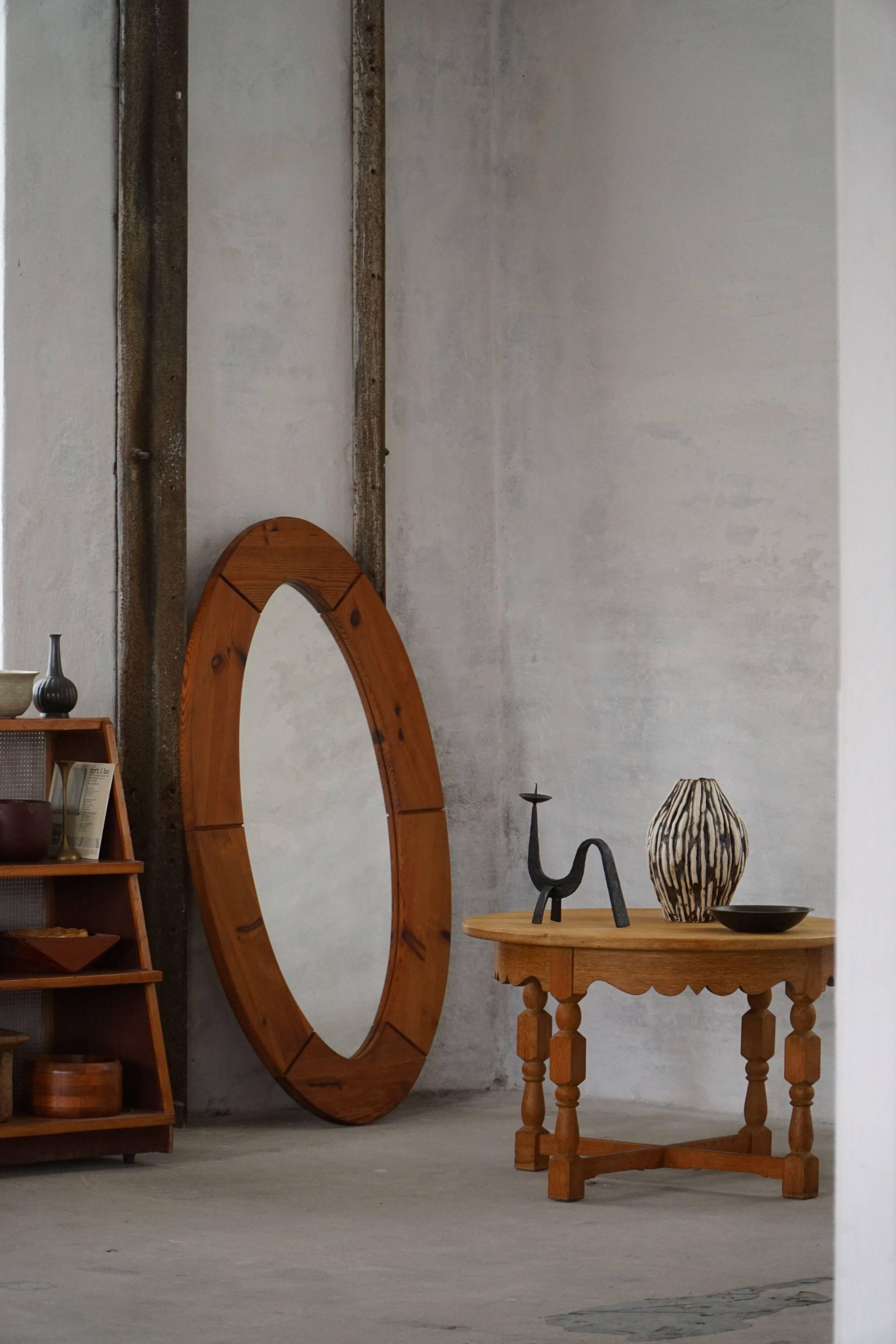 Large oval wall mirror in solid pine by Glasmäster Markaryd, Sweden, 1960s.