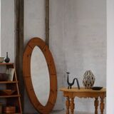 Large oval wall mirror in solid pine by Glasmäster Markaryd, Sweden, 1960s.