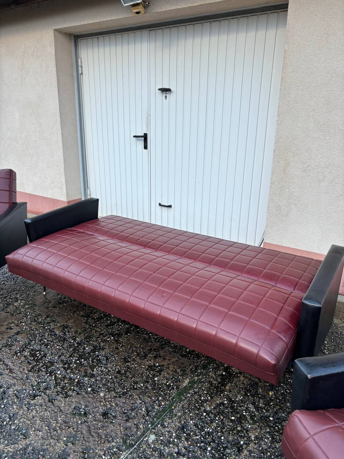 Vintage 70s red and black embossed sofa armchair set