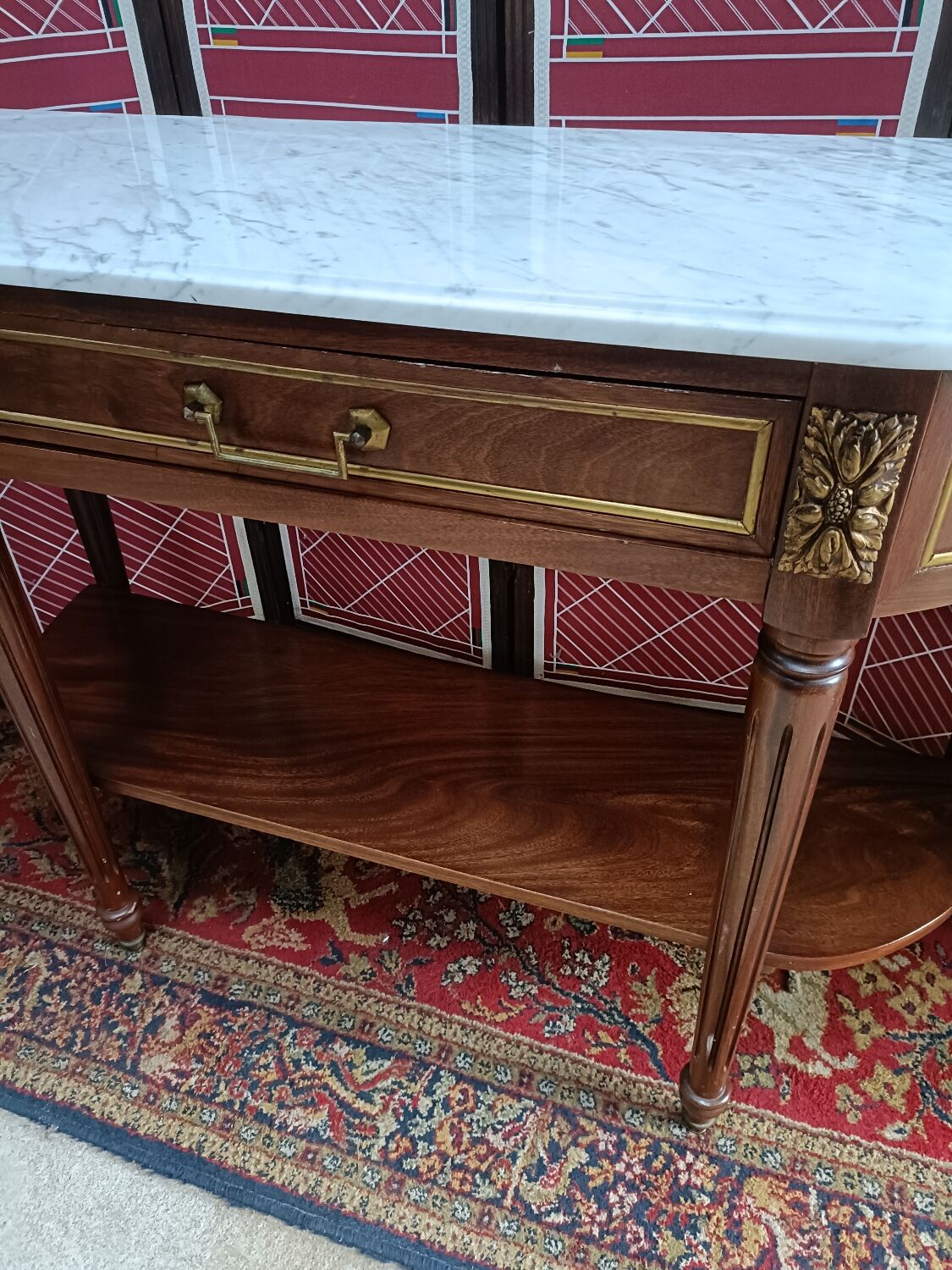 Louis XVI style half-moon console with veined white marble and drawer