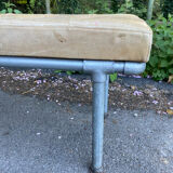Vintage Italian industrial bench in leather and metal.