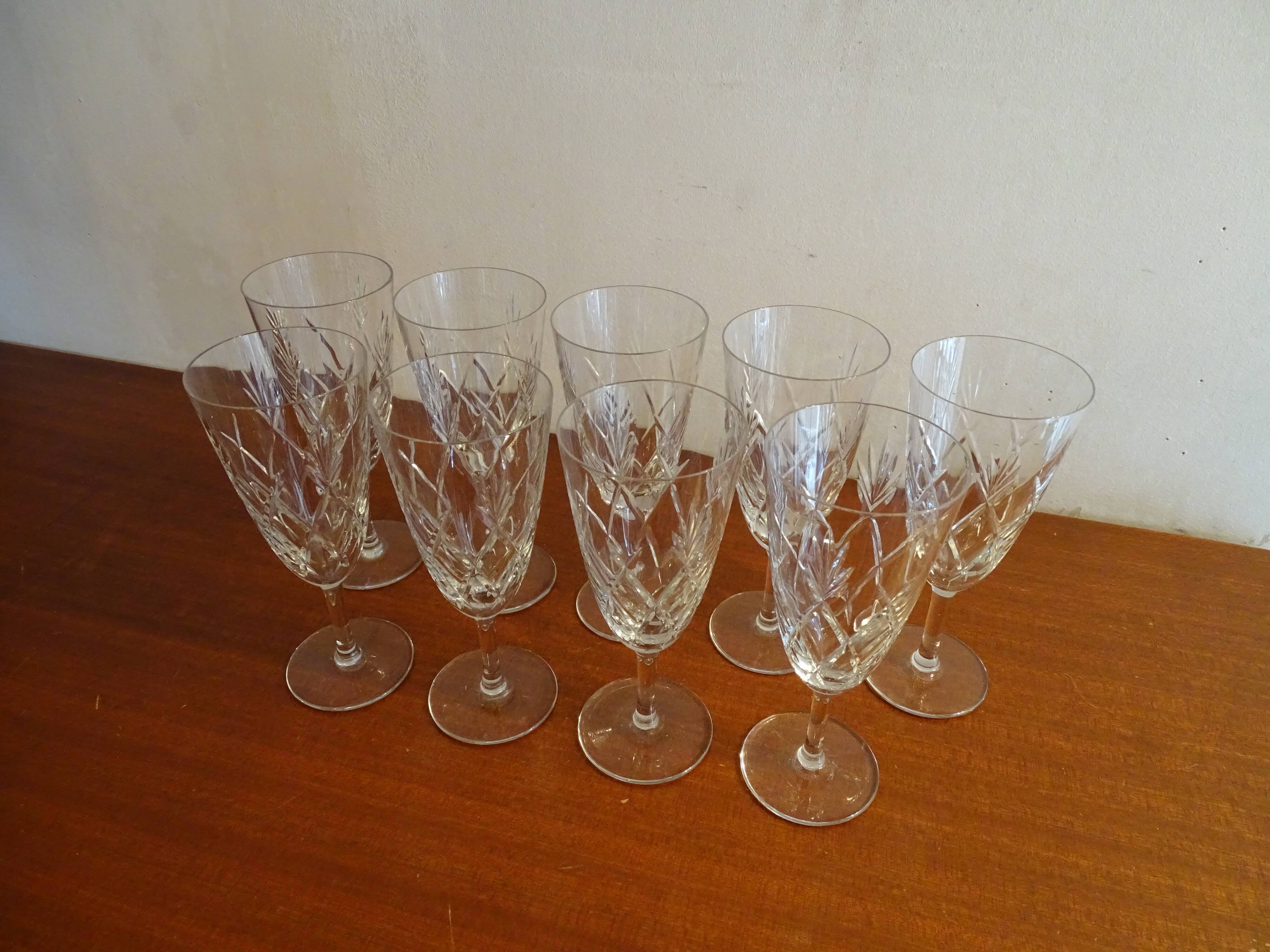9 Bayel crystal champagne flutes signed, cut crystal.