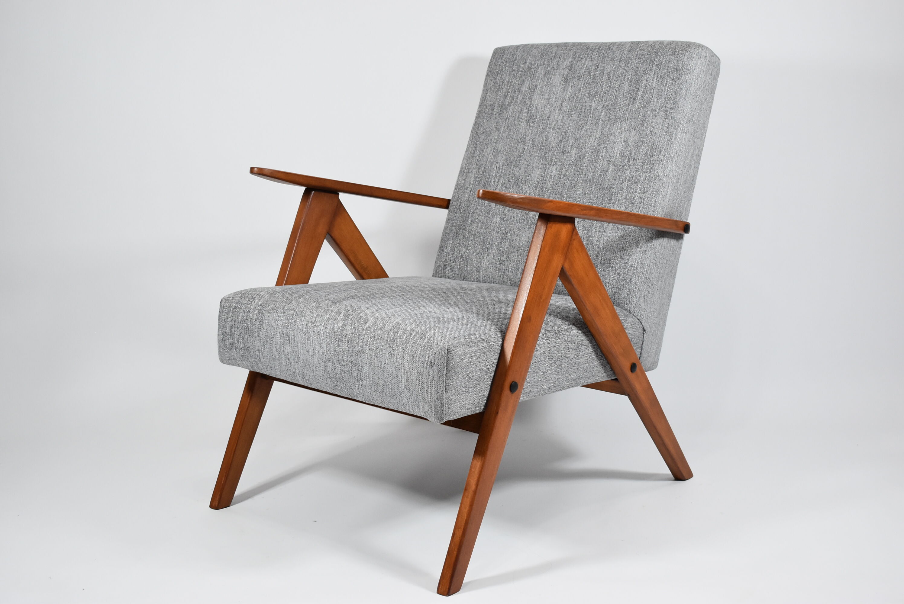 Vintage armchair Compas, 1960s, restored, grey fabric, teak