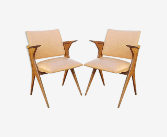 Paire fauteuils bridge bois et skaï 1950