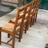 4 Vintage Farmhouse Style Dining Chairs in Solid Oak Straw Wood