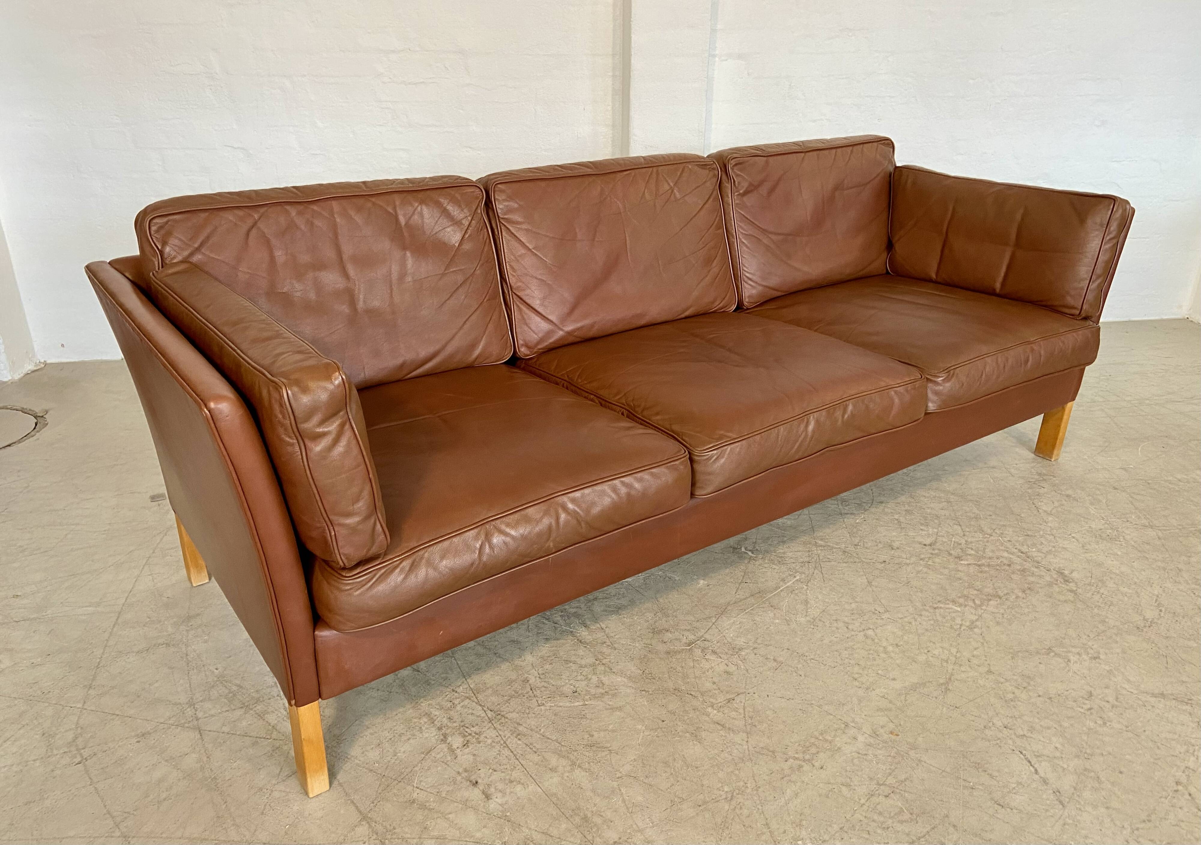 Vintage danish mid century mogens hansen 3 person cognac leather sofa 1960,s