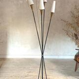 Lampadaire roseaux vintage métal noir et laiton quatre opalines blanches