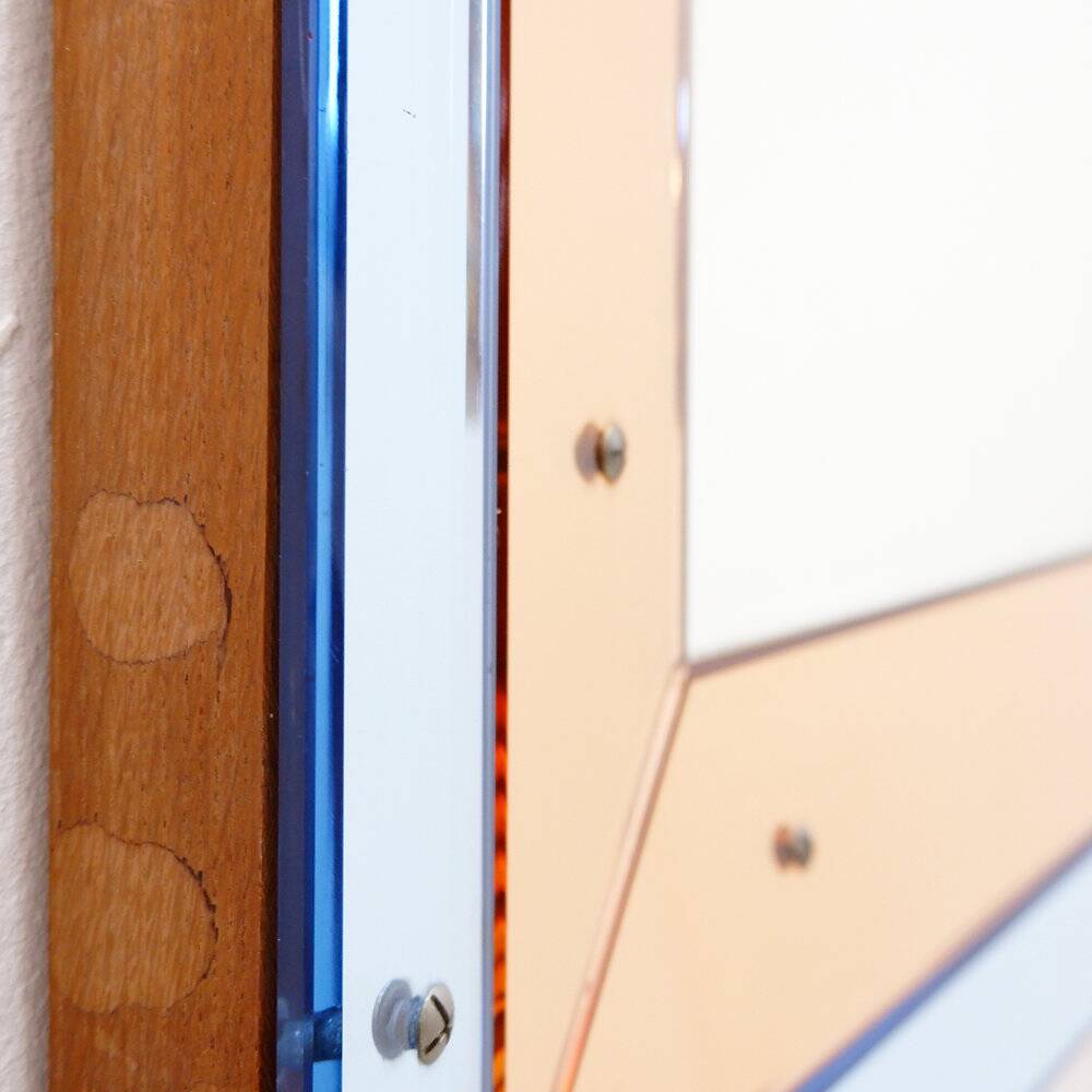 Bevelled wall mirror with blue and copper mirror panels - Italy 1930s