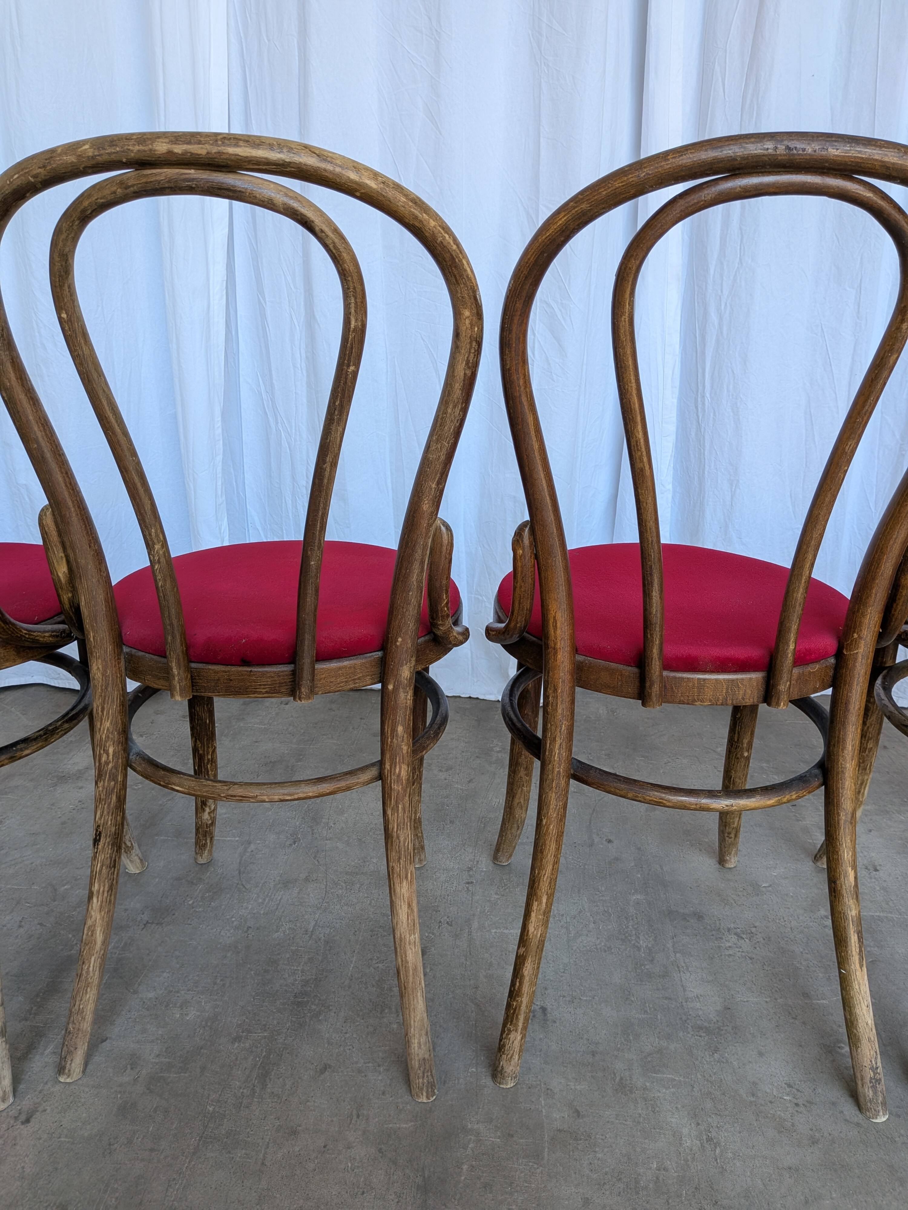 Set of 8 Vintage Bentwood Bistro Chairs: Red Upholstery