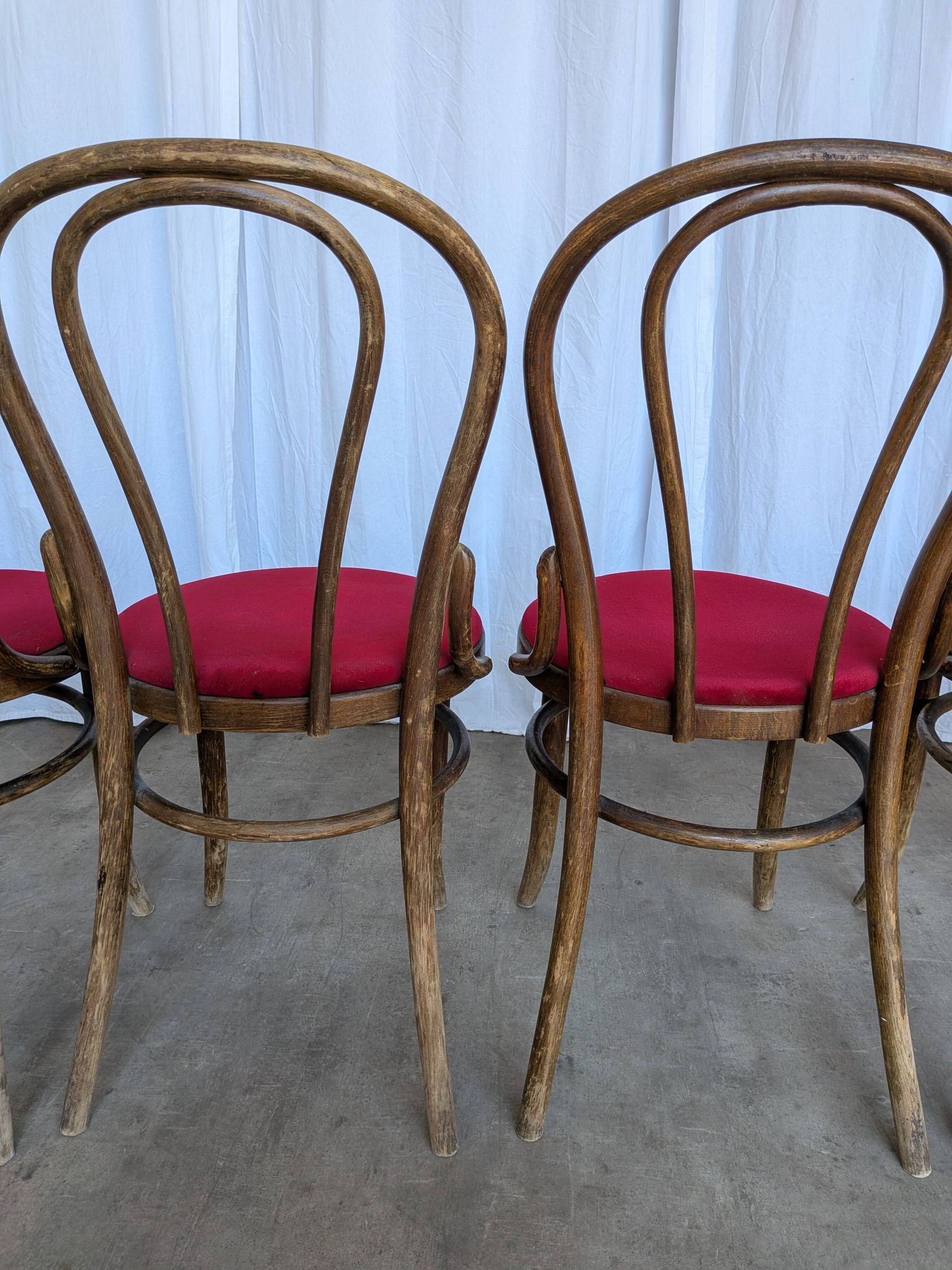 Set of 8 Vintage Bentwood Bistro Chairs: Red Upholstery