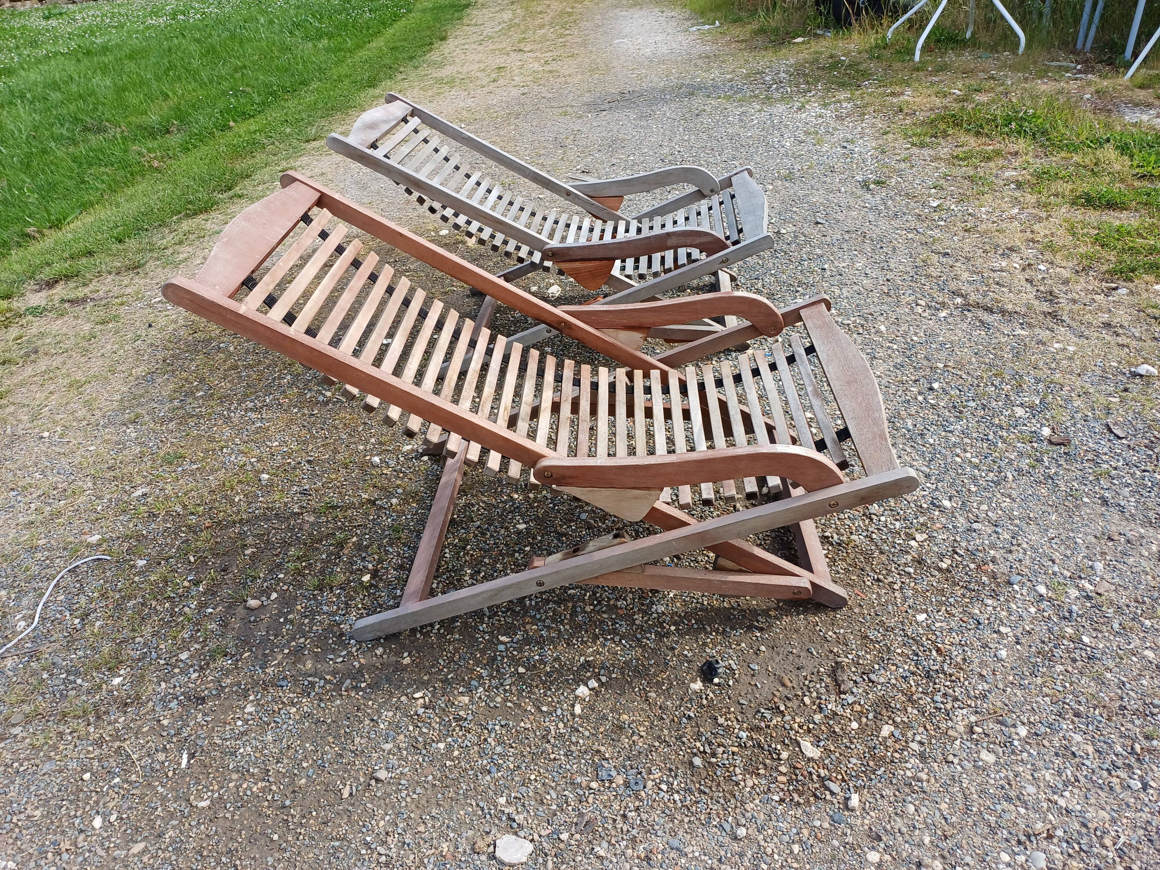 Paire de transats de marine en bois exotique "Scan Com"