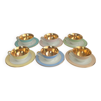 6 cups with saucers, old vintage, pastel gold, L'Amandinoise