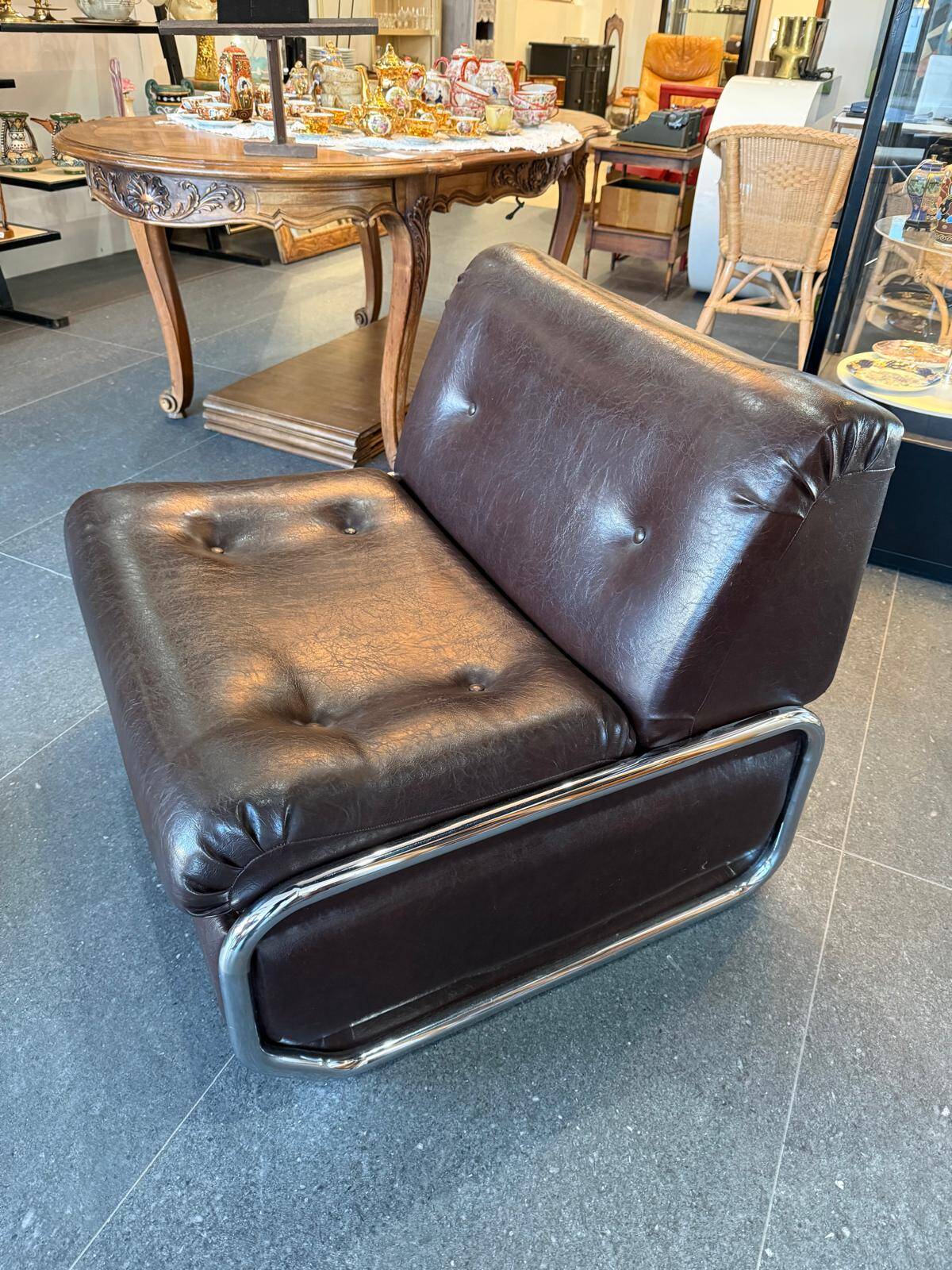 Beka-france convertible armchair in brown leather – chrome structure – 1970s