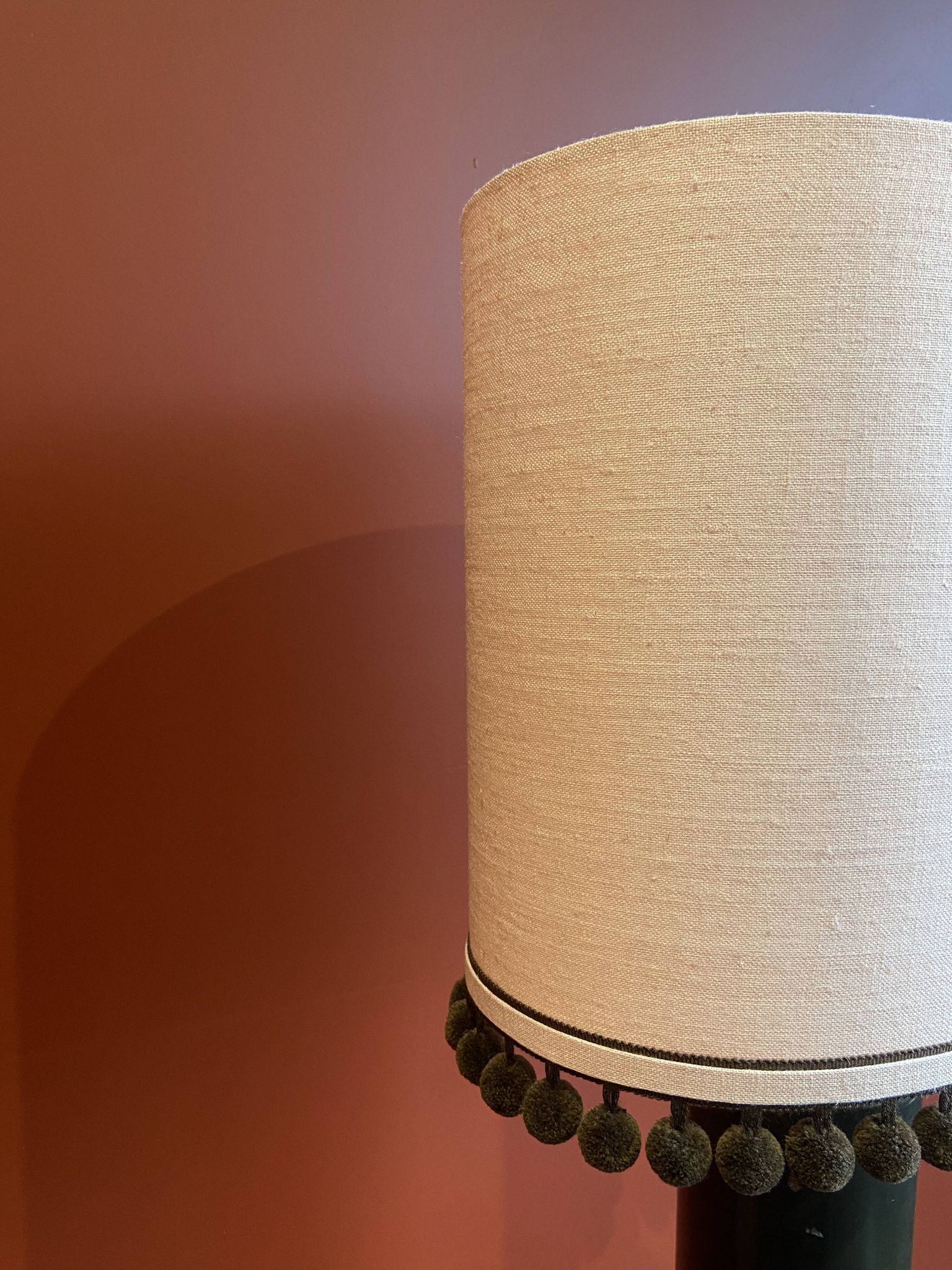Copper "bouillotte" lamp with Ashoka Silk shade, pom-poms of c