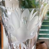 Carved solid crystal vase, floral decoration