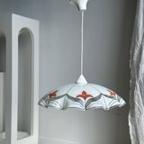 Small vintage chandelier in white and orange glass, geometric patterns D:43