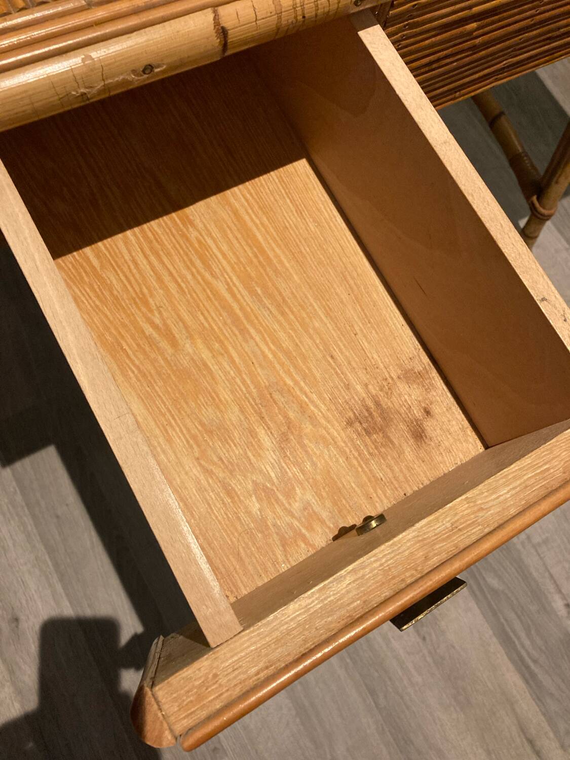Hairdresser, vintage rattan desk, in the style of Audoux Minet.