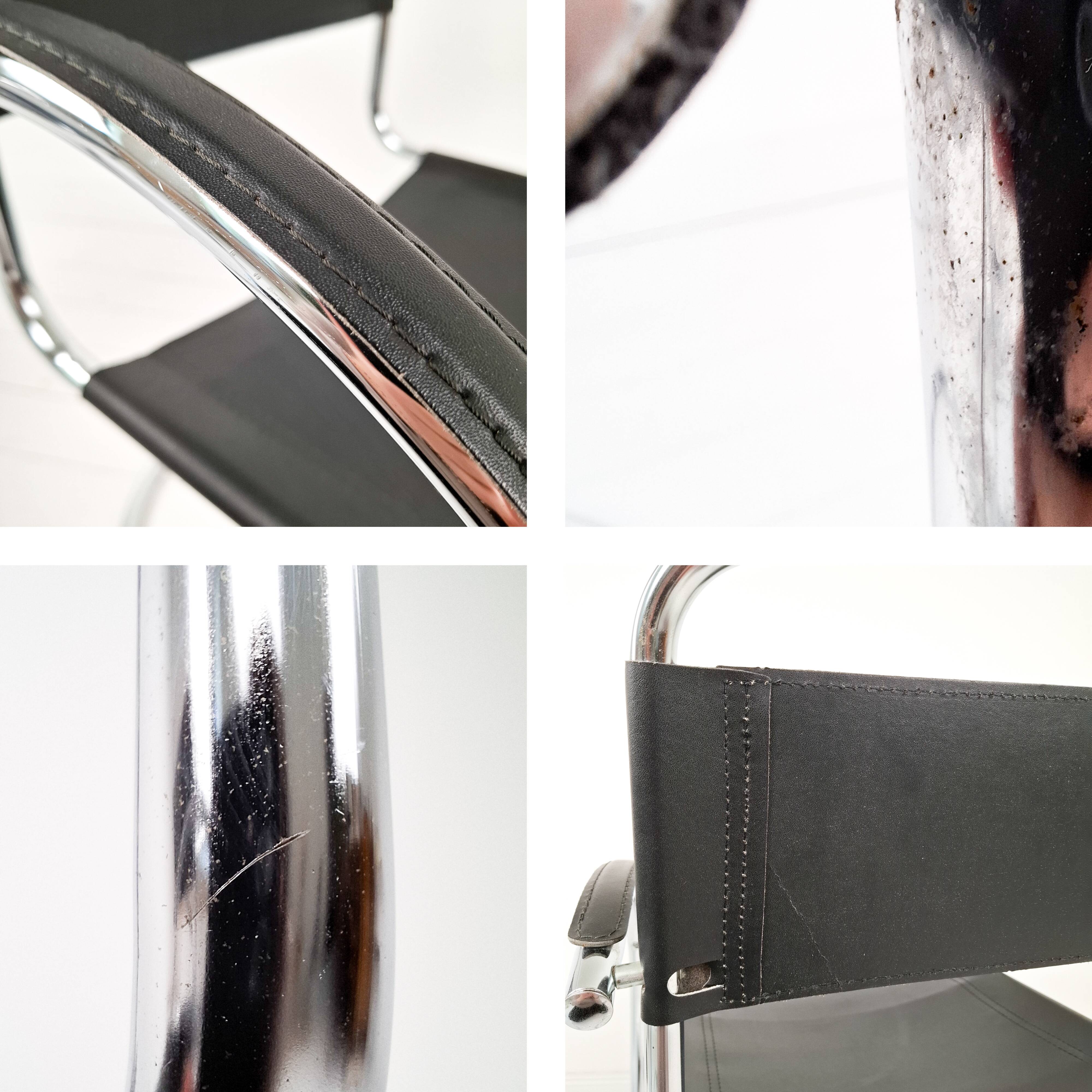 Pair Vintage Italian Cantilever Chairs Chrome Leather Armrests Bauhaus Style