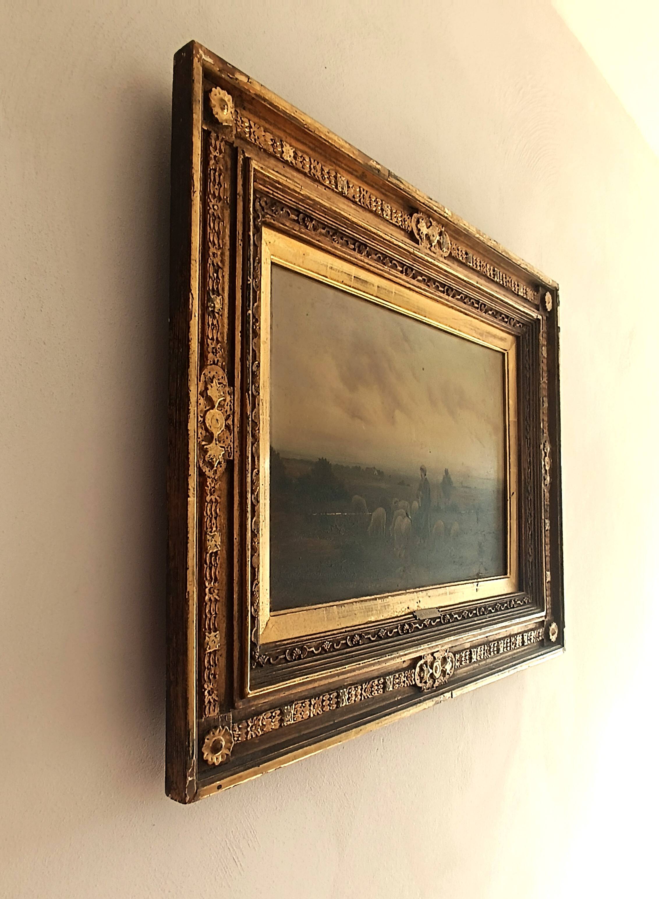 Hermann solbrig (1853-1942) painting, oil on panel, shepherdess and her troupe