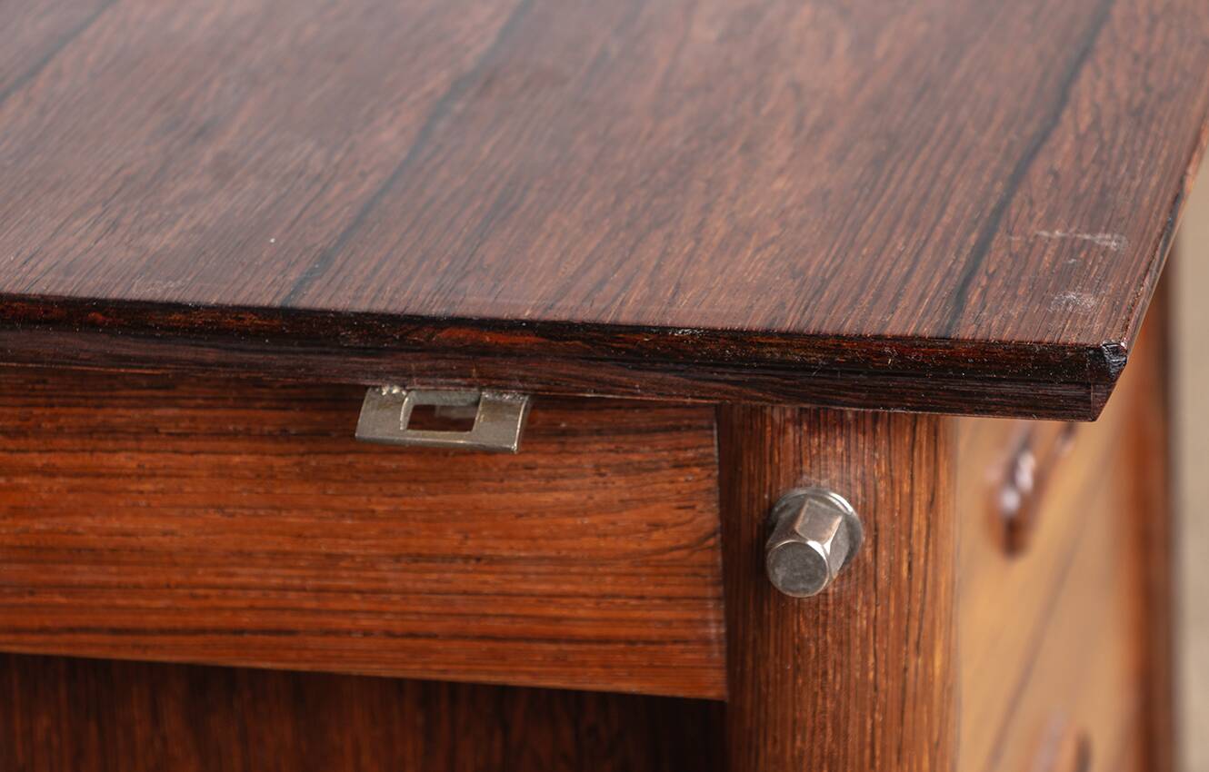 Danish extendable desk, Rosewood and Brass, model OS 51, Arne Vodder.