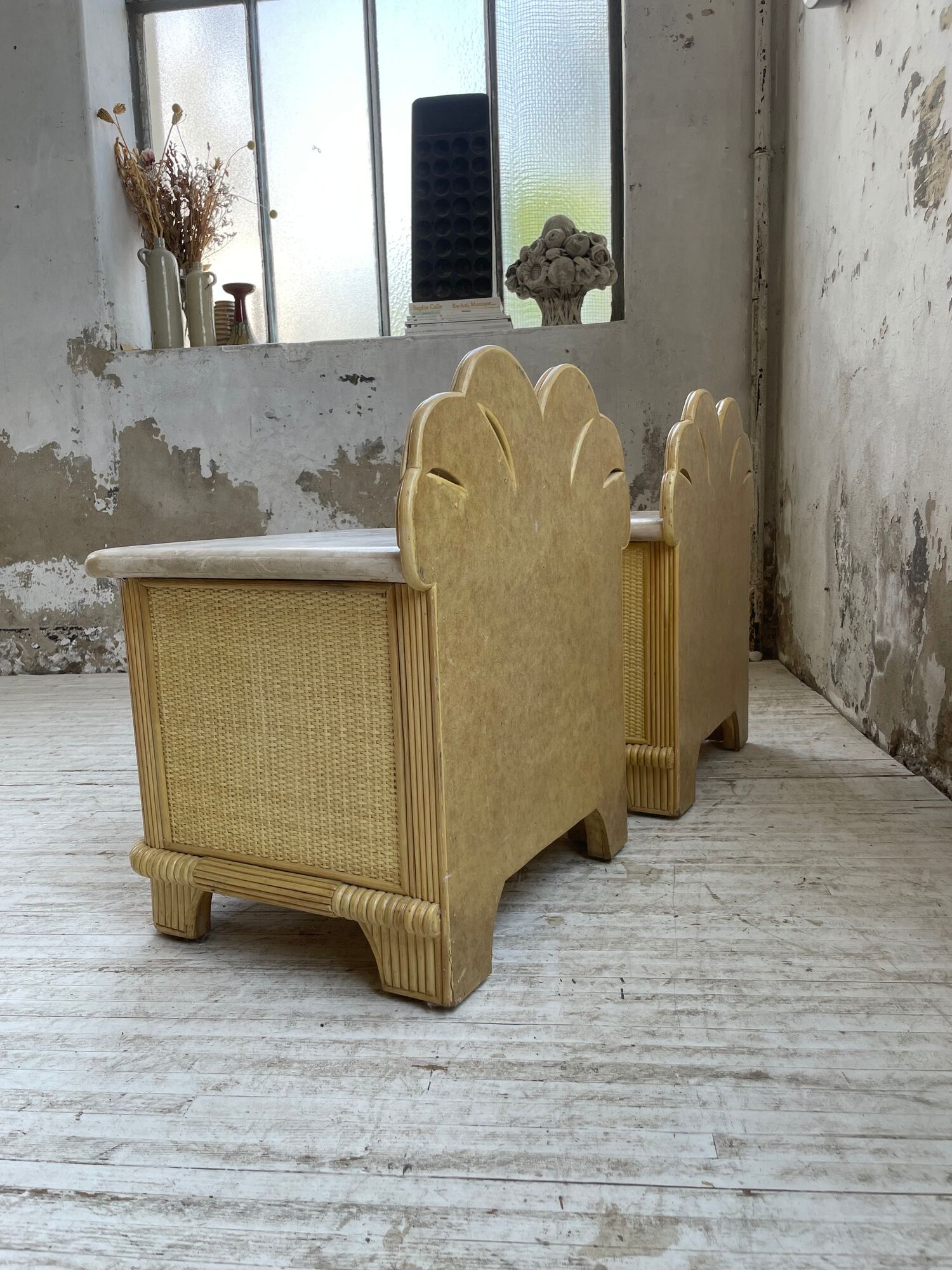 Pair of travertine bedside and rattan palm tree "vivai del sud"