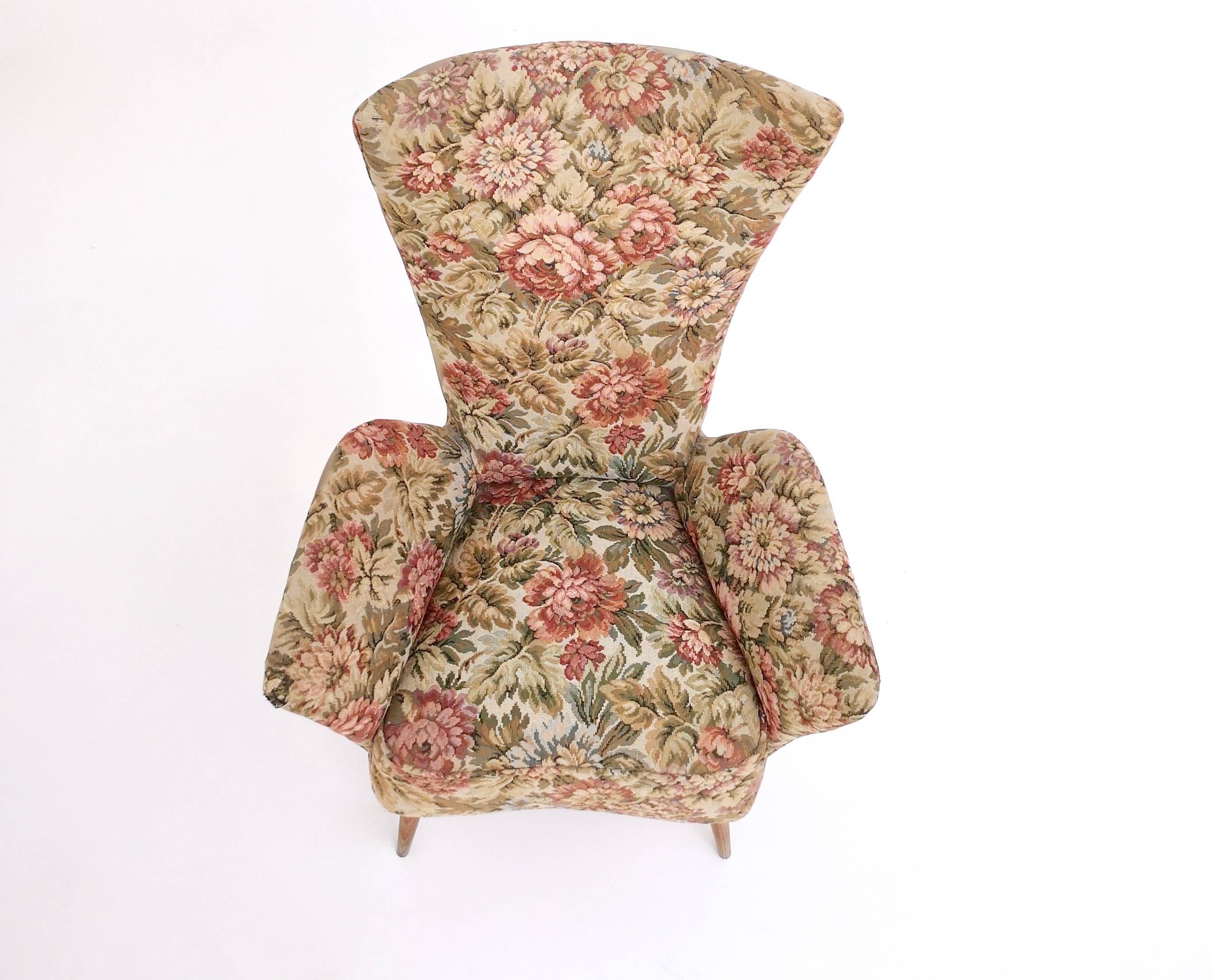 Vintage Floral Fabric Children Armchair with Wooden Legs, Italy