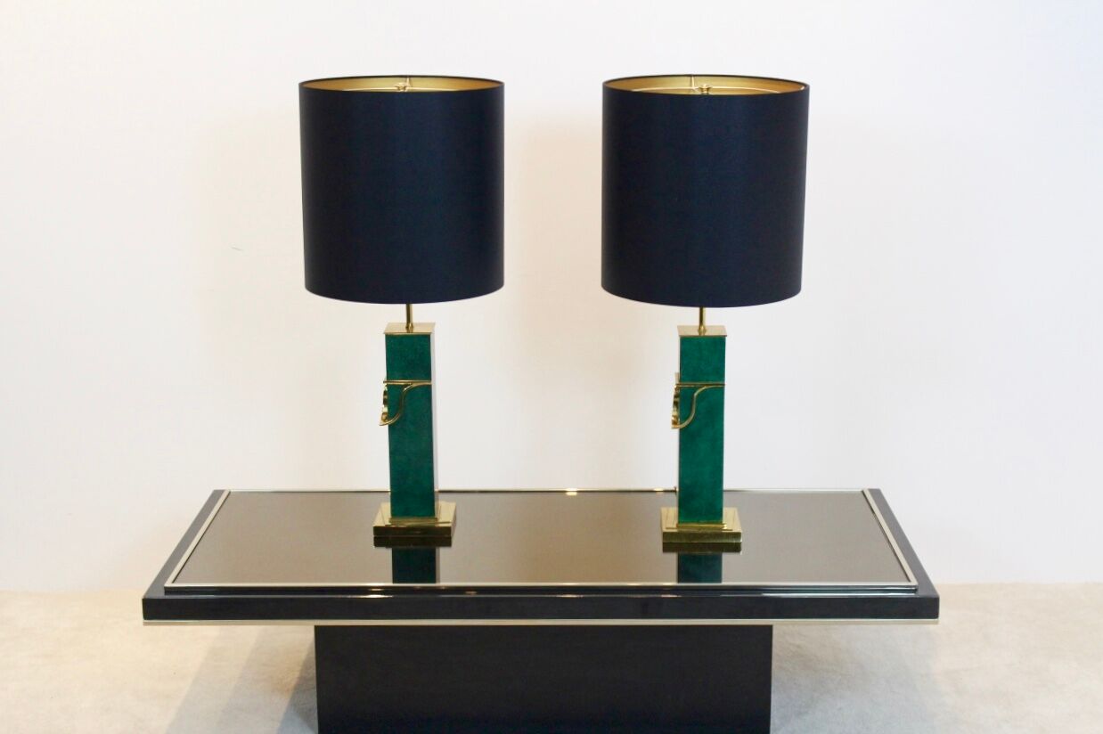 Pair of Green and Brass Mid Century Modern Table Lamps