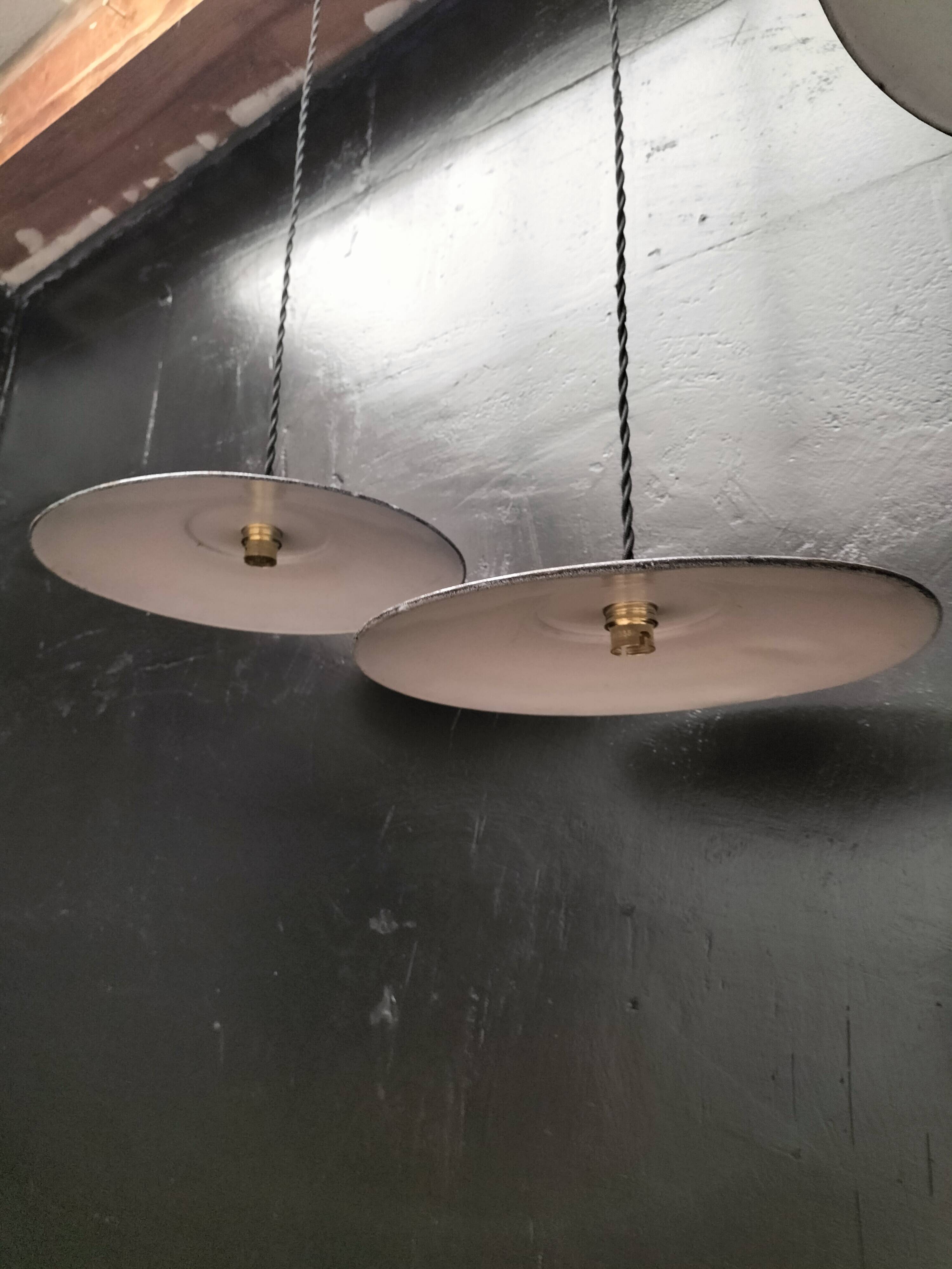 3 blue enameled sheet metal pendant lights