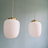 Pair of Scandinavian pendant lights in white satin glass, 1960s