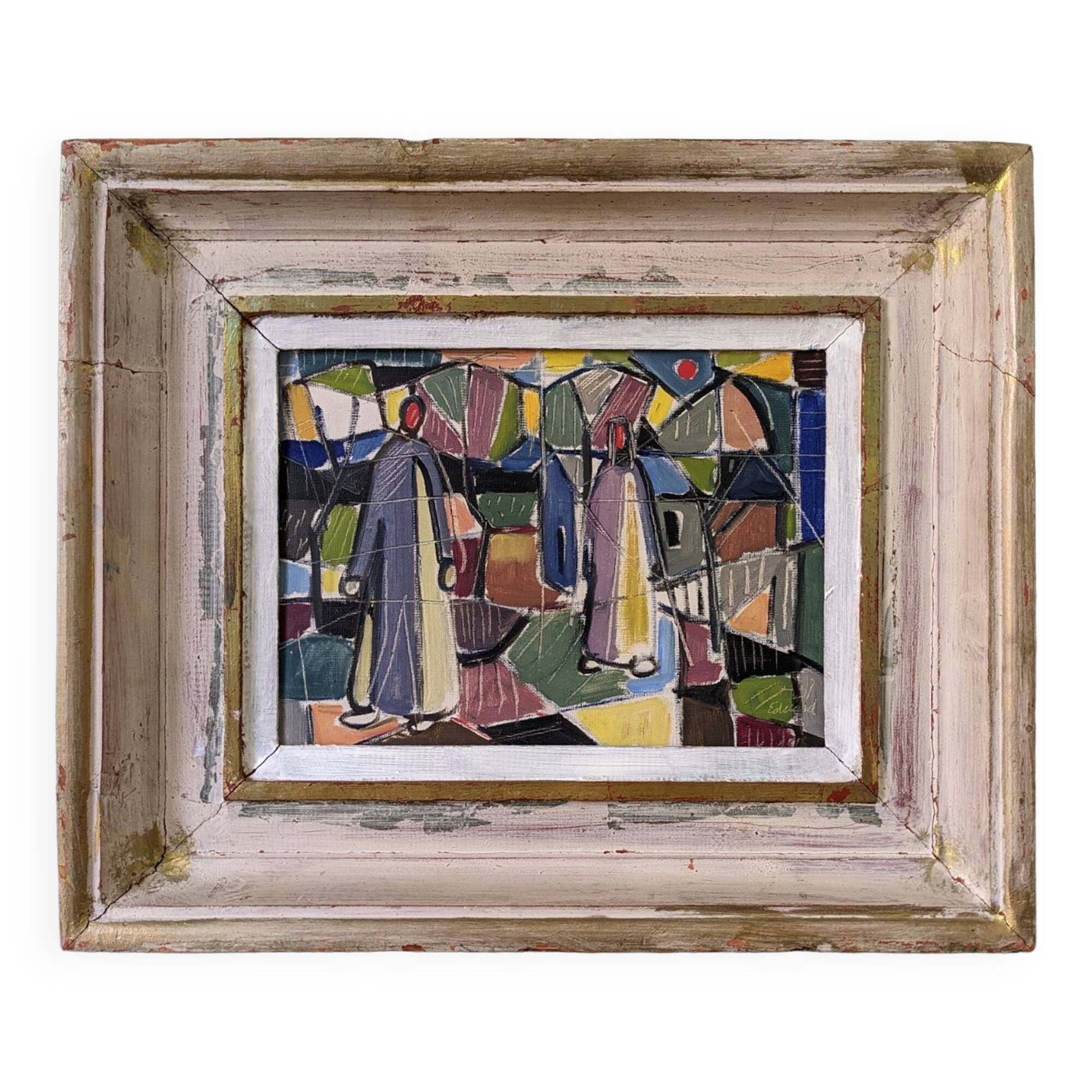 1951 Mid-Century Modern "Figures in Colour" Vintage Geometric Abstract Figurative Oil Painting, Fram