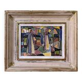 1951 Mid-Century Modern "Figures in Colour" Vintage Geometric Abstract Figurative Oil Painting, Fram